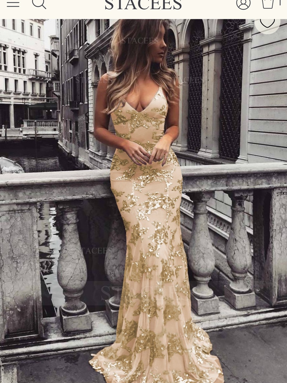 Stacees Gold Sequin Nude Maxi Dress with V-Neck
